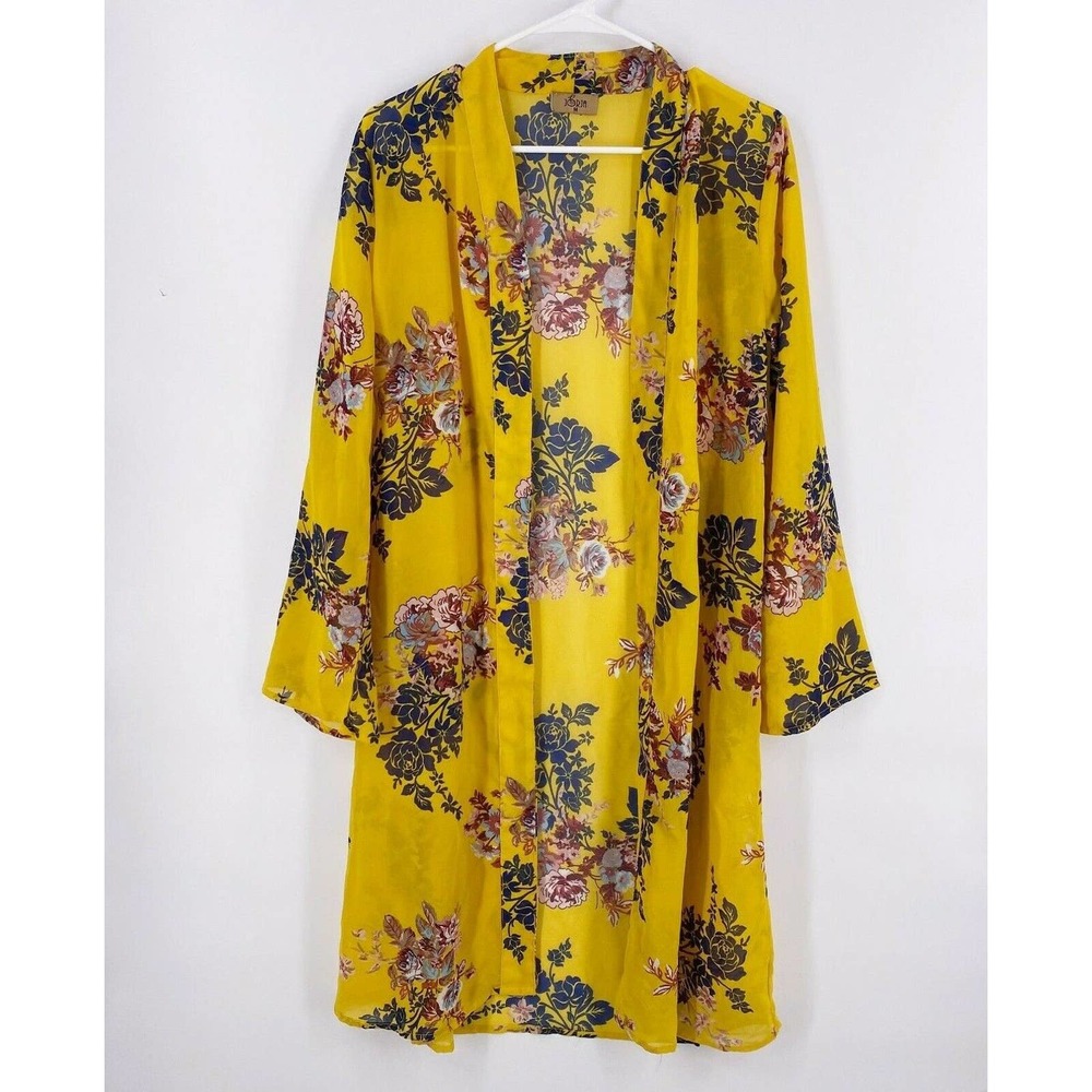Jorja Women’s Semi Sheer Yellow Floral Kimono Top Open Cardigan Cover Up MED